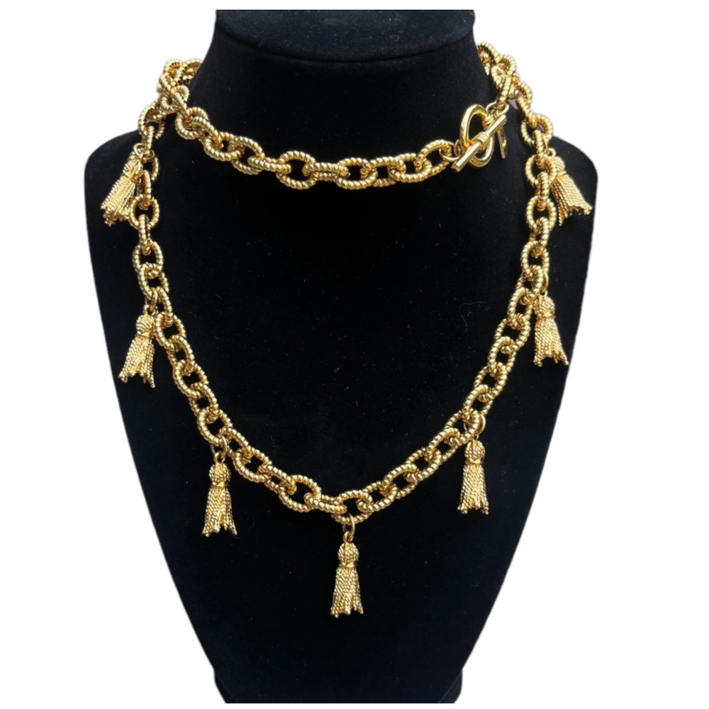 Vintage Talbots Gold Plated Metal Tassel Charm Dangle Chain Link Runway Necklace